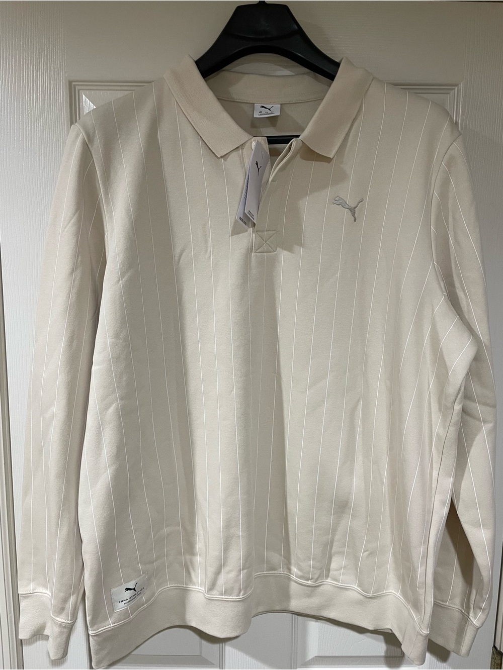 Puma Men's XXL Cream Pinstripe Long-Sleeve Polo NWT